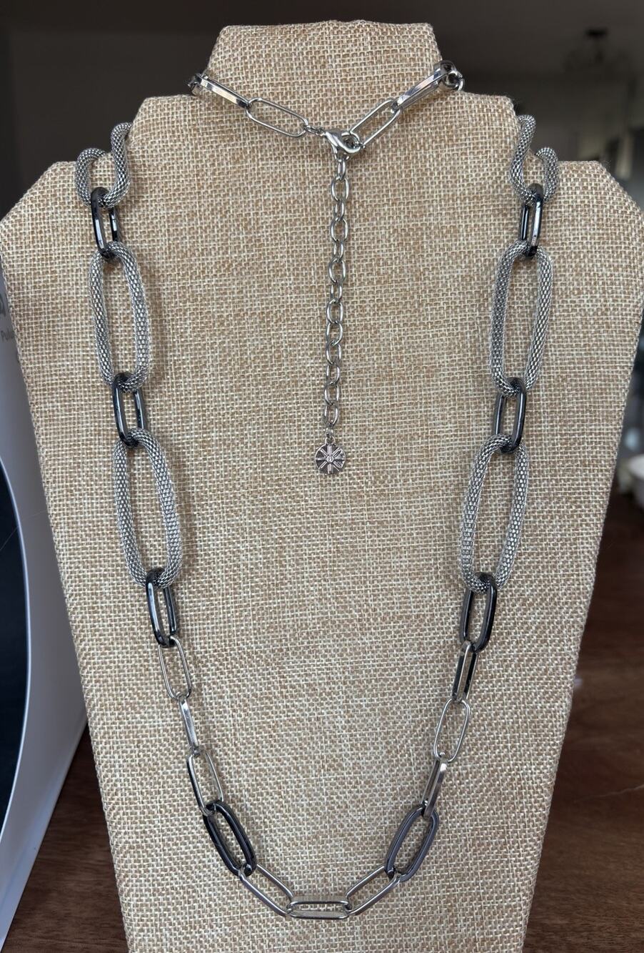 RJ GRAZIANO STATEMENT RXTRA LONG SILVE RTONE NECKLACE MESH STAPLE LINKS